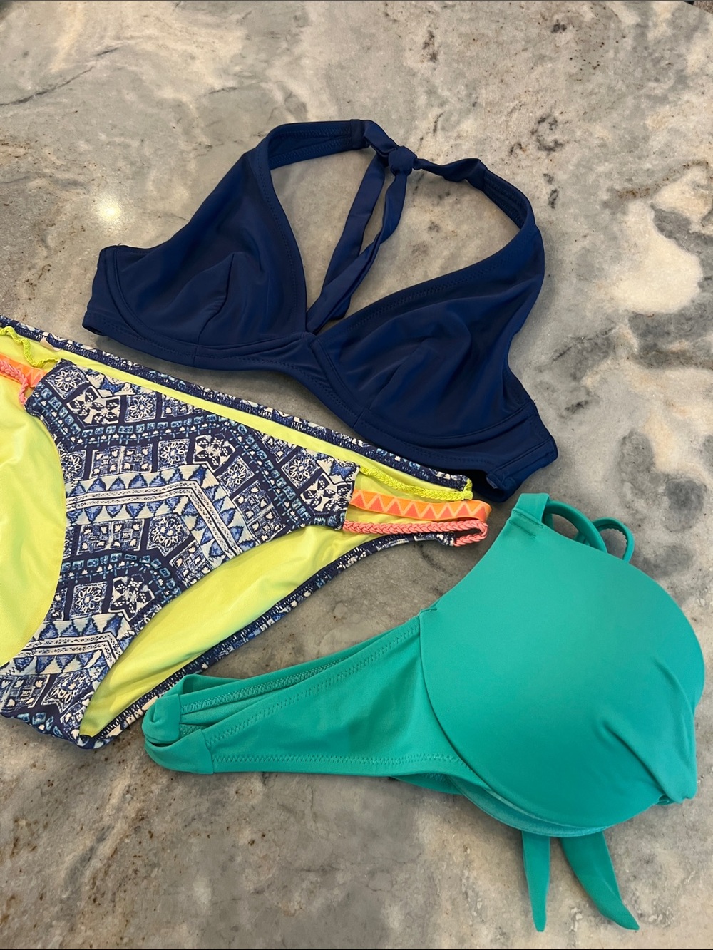 Victoria’s Secret (bikini bottoms) Old Navy Blue and H&M Turquoise Bikini Tops
